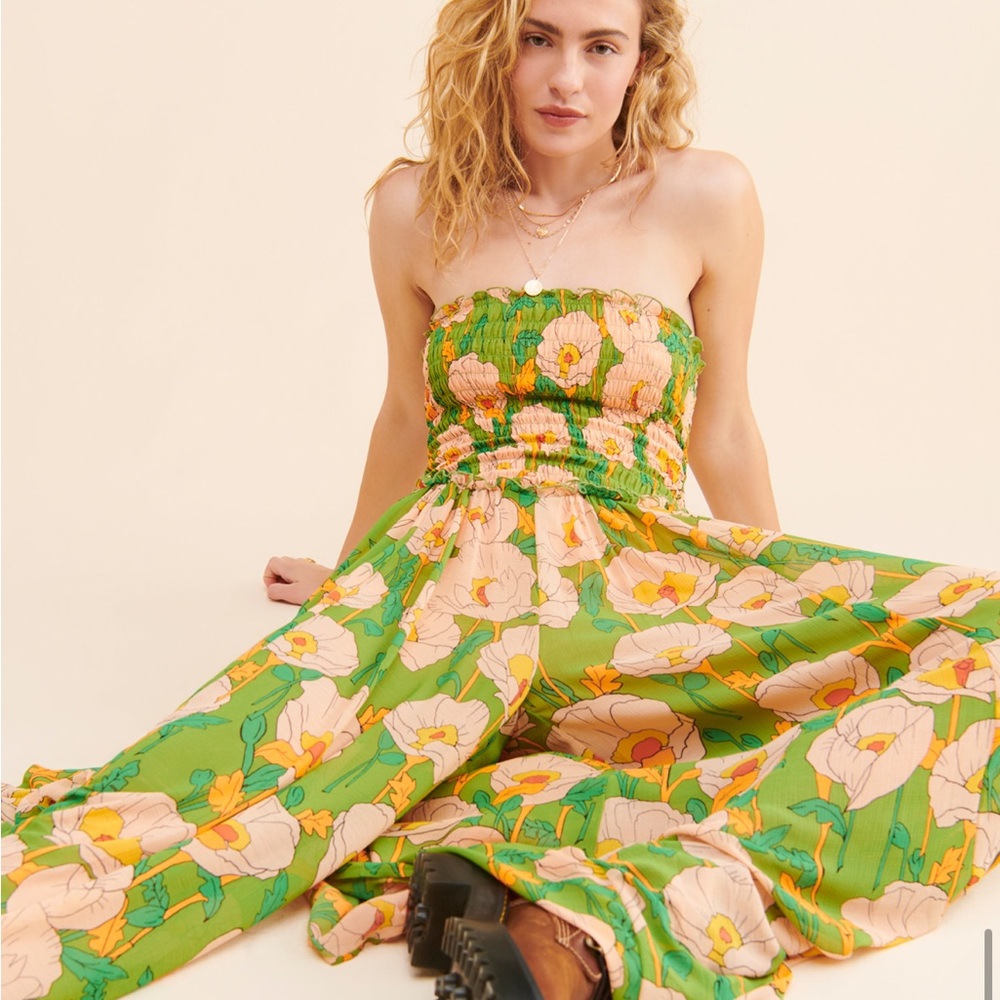 Free People Women’s Size Small Strapless Sophia Jumpsuit Floral Avocado Combo